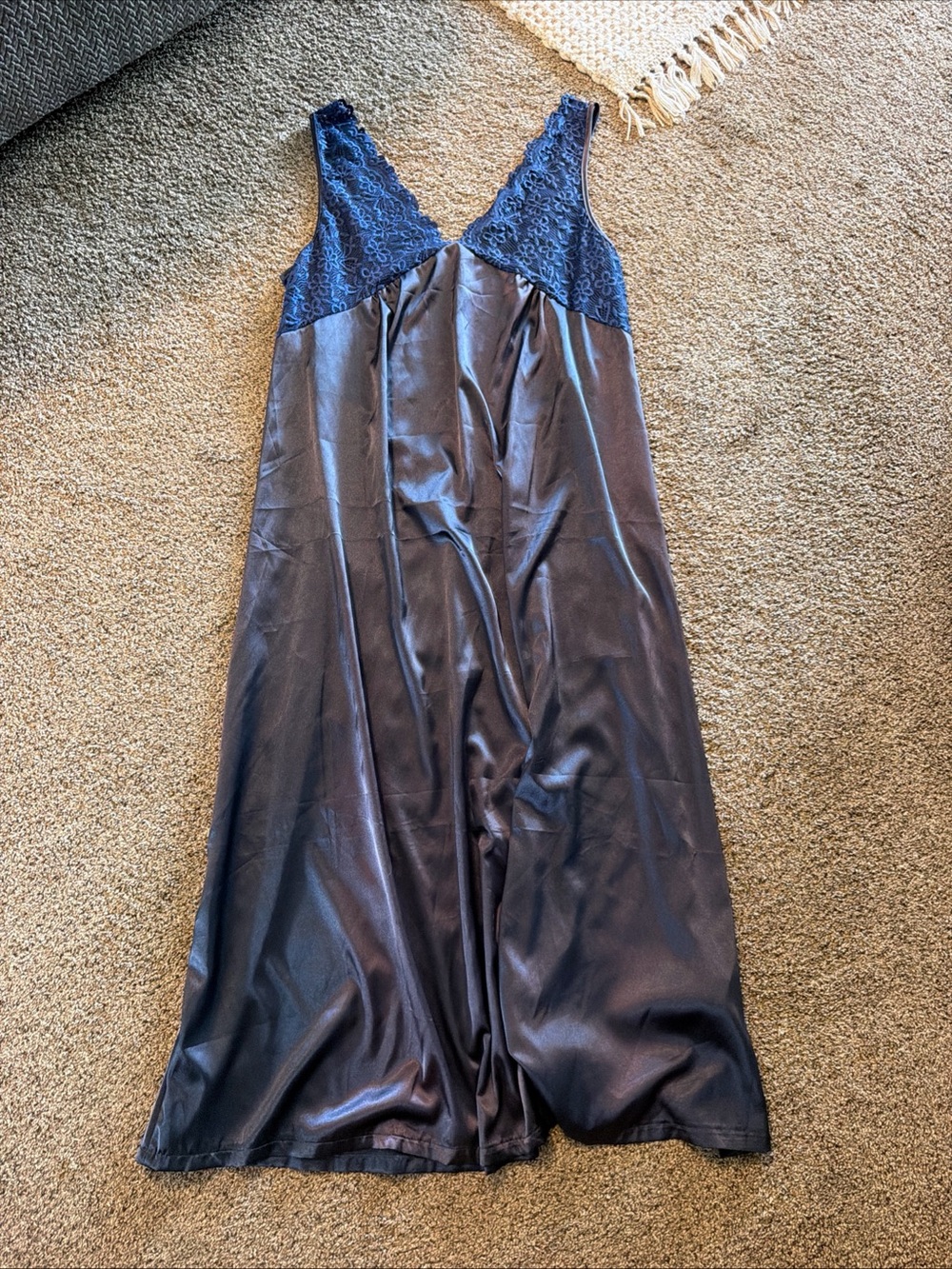 Lace-Trim Satin Chemise in Navy Blue